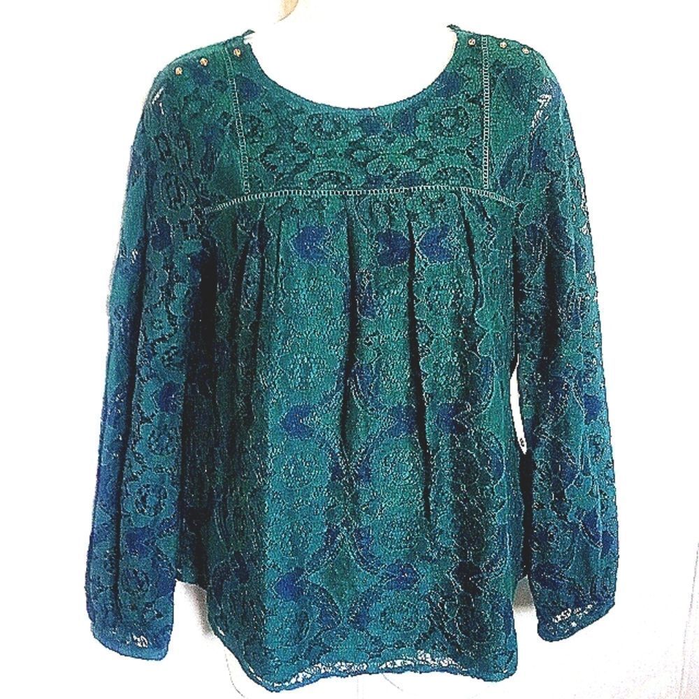 Womens STYLUS Forrest Green "Bold Emerald" & Navy Blue Lace Blouse Size S